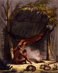Native American Family under a Leaf Shelter